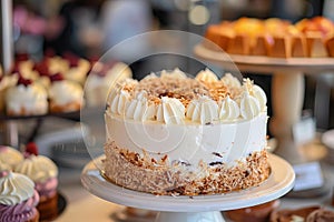 Decadent coconut layer cake on display