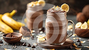Decadent, creamy, and delicious chocolate banana smoothie. Made with ripe bananas, cocoa powder, and coconut milk photo