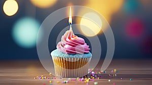 a cupcake with pink frosting and a lit candle