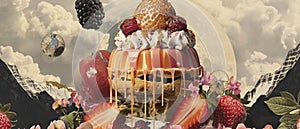 A decadent dessert with strawberries, blackberries and cream photo