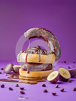 Decadent Gourmet Donut with Chocolate Icing and Banana Slices on Purple Background Sweet Treat Indulgence Concept