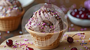 decadent ice cream, indulge in a sweet treat with a creamy chocolate ice cream cone, adorned with sprinkles and a cherry