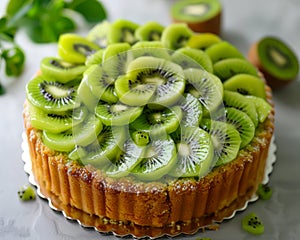Decadent Kiwi Tart with Fresh Sliced Kiwi Fruit on a Buttery Crust, Perfect for Summer Dessert, Party Treats, and Festive