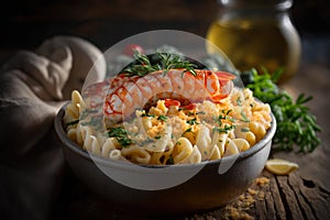 Decadent lobster mac and cheese on a dark plate on wooden table