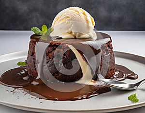 A decadent molten chocolate lava cake, with the center oozing with rich chocolate sauce
