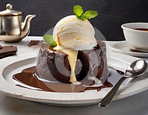 A decadent molten chocolate lava cake, with the center oozing with rich chocolate sauce