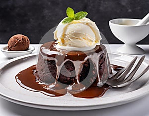 A decadent molten chocolate lava cake, with the center oozing with rich chocolate sauce