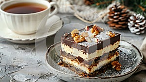 Decadent Nanaimo Bars: Canadian Cuisine on plate on gray background with cup of tea
