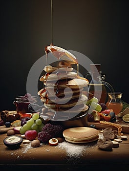Decadent Pancake Stack Drenched in Syrup Amidst a Feast of Fruits and Sweets. Generative AI