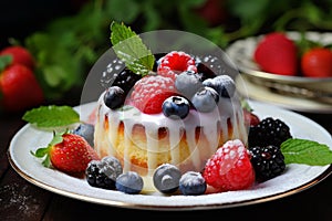 Decadent Pudding cake berries. Generate Ai photo