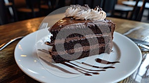 A decadent slice of chocolate cake with rich frosting on a white plate