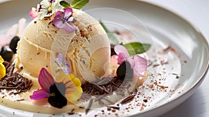 Decadent Vanilla Ice Cream Scoop with Edible Flowers on Elegant Plate