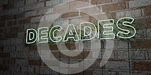 DECADES - Glowing Neon Sign on stonework wall - 3D rendered royalty free stock illustration