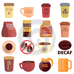 Decaffeinated coffee icons set, cartoon style
