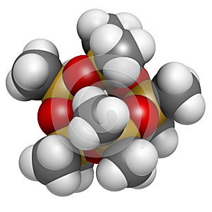 Decamethylcyclopentasiloxane (D5) molecule. Cyclic silicone chemical, frequently used in cosmetics (deodorants, sunblocks, hair