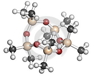 Decamethylcyclopentasiloxane (D5) molecule. Cyclic silicone chemical, frequently used in cosmetics (deodorants, sunblocks, hair