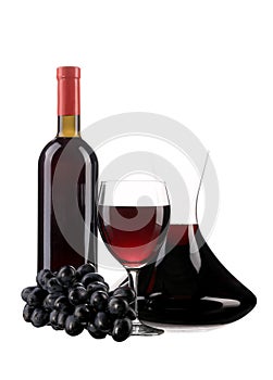 Decanter botle and glass with red wine