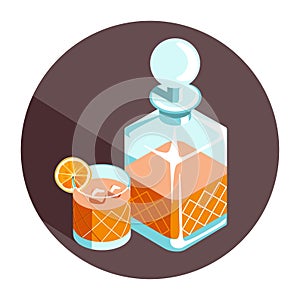 A decanter and a glass of whiskey or brandy cocktail with a citrus orange slice