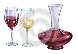 Decanter, glasses of red and white wine.