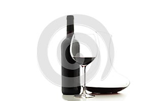 Decanter isolate, glass of red wine and bottle on white background