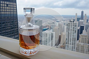 decanter set on highfloor ledge, urban view spreads out