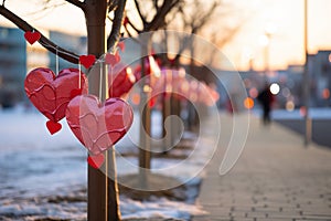 Decarative hearts hang on trees in city