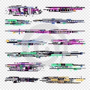 Decay signal glitch vector elements isolated. Grunge monitor glitched noise. Tv screen problems set photo