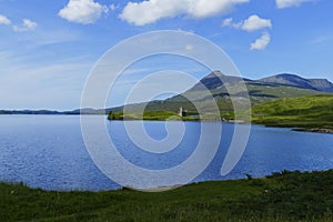 Decayed castle, Ardvreck Castle, on Loch Assynt in Highlands of Scotland