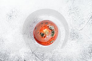Decayed rotten tomato. Gray background. Top view. Space for text