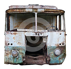 Decayed rusty nameless car van body  for transportation of agricultural products and bread isolated closeup