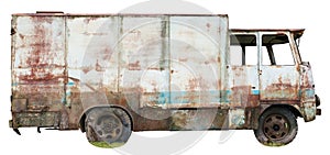 Decayed rusty nameless car van for transportation of agricultural products and bread thrown in the forest isolated side