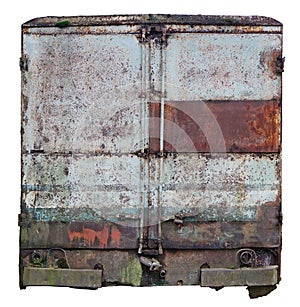 Decayed rusty nameless car vanfor transportation of agricultural products and bread  back doors isolated