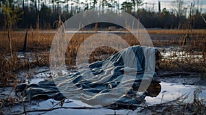 Decayed Southern Gothic: Lone Blue Blanket Floating In Post-apocalyptic Tall Grass