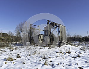 Decayed wooden room. The remains of a wooden building