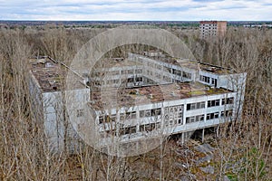 Decaying architecture amidst barren trees, evidence of neglect