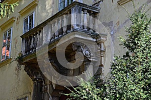 Decaying decorative renaissance balcony on archbishop palace in Trnava, western Slovakia.