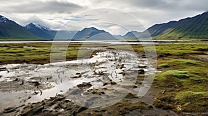 Decaying Landscapes: Uhd Image Of Grass Region With Mountains And Water