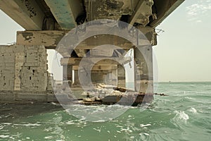 Decaying ocean pier with eroded concrete and turbulent waves