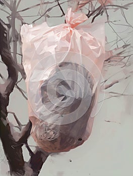 The decaying remains of a plastic bag caught in a tree.. AI generation