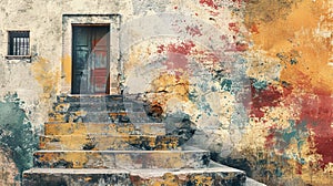 Decaying Staircase And Door, Weathered Wall, Peeling Paint. Grunge Texture, Copy Space. AI Generated