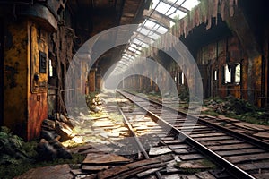 decaying train station platform with rusty tracks