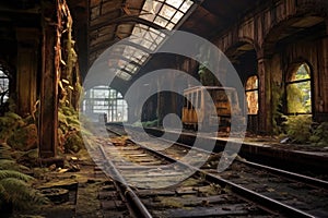 decaying train station platform with rusty tracks