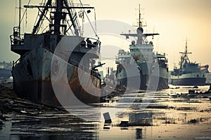 Decaying warships moored in a forsaken harbor, their hulls weathered