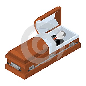 Deceased in coffin. Dead man lay in wooden casket. Corpse in an