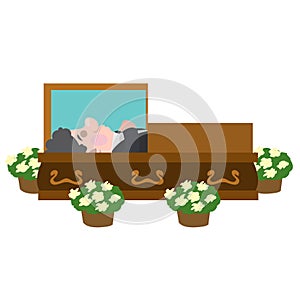 Deceased lying in a coffin. Cartoon characters