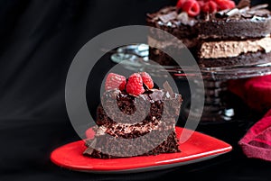 Decedent slice of chocolate cake  on a red plate