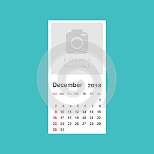 December 2018 calendar. Calendar planner design template with pl