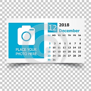 December 2018 calendar. Calendar planner design template with pl