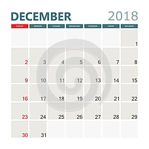 December 2018 calendar. Calendar planner design template. Week s