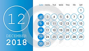 December 2018 calendar. Calendar planner design template. Week s